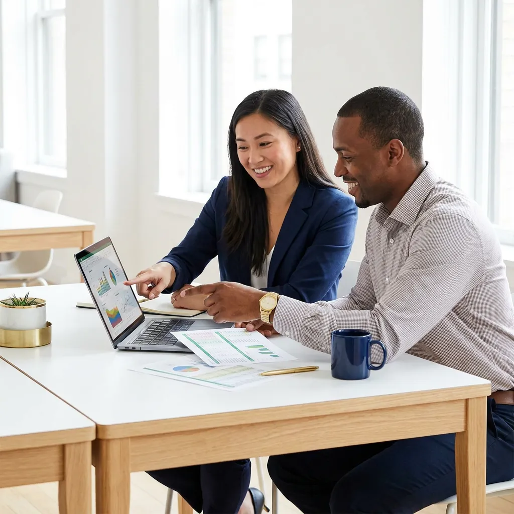 Small-business owner and accountant reviewing finances together on a laptop