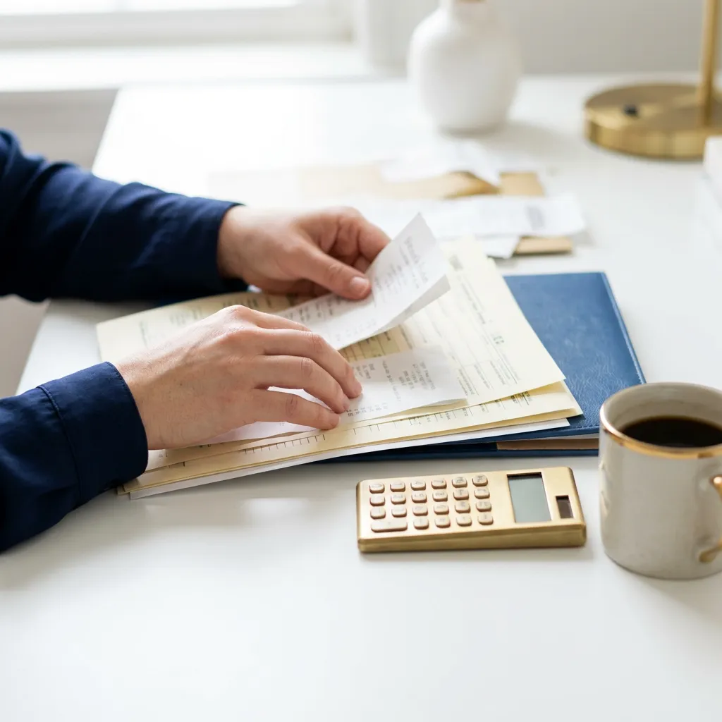 Hands organizing individual income tax documents with a calculator on a bright desk